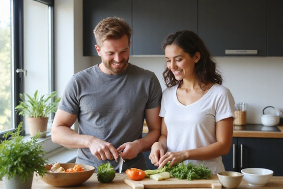 Coppia che prepara un pasto sano insieme in una cucina moderna