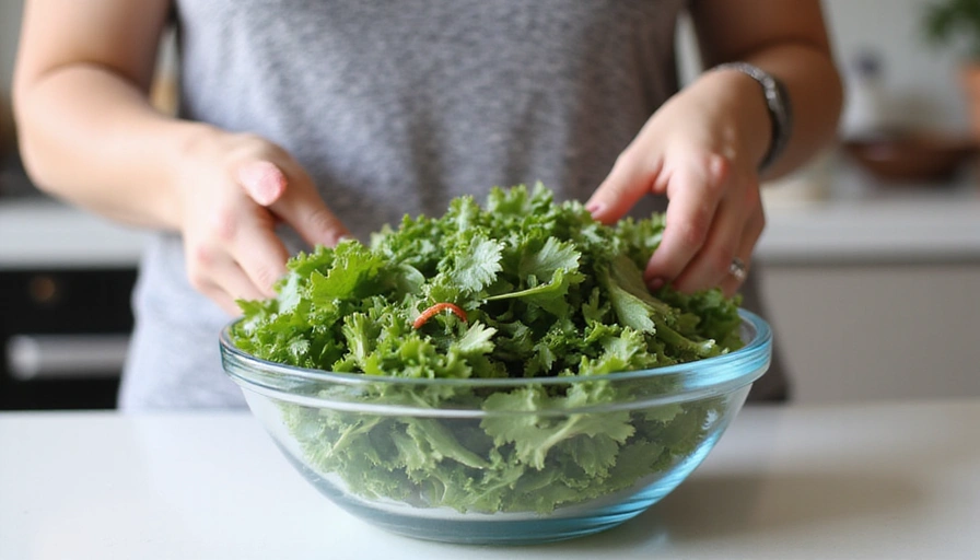 Donna che prepara un'insalata fresca con verdure a foglia verde in una ciotola di vetro