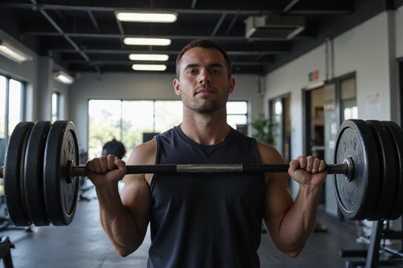 Uomo che solleva pesi in palestra, focalizzato sull'allenamento sportivo