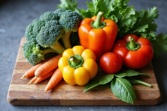Varie verdure fresche e colorate disposte artisticamente su un tagliere di legno