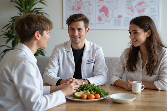 Due persone che discutono di nutrizione con un professionista
