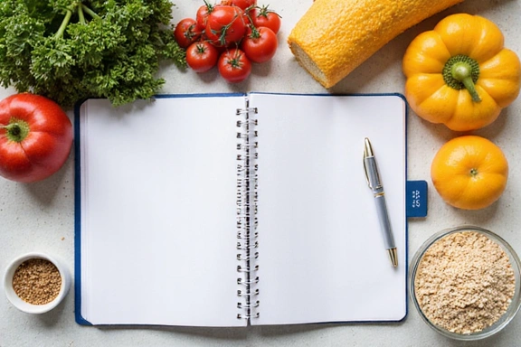 Tavolo con alimenti sani e un quaderno per la pianificazione