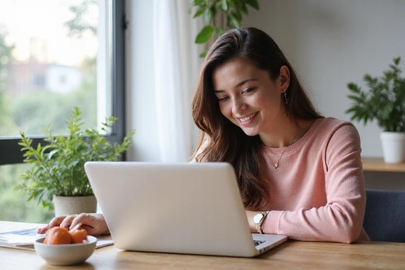 Donna sorridente che utilizza un laptop per una consulenza online con un nutrizionista.