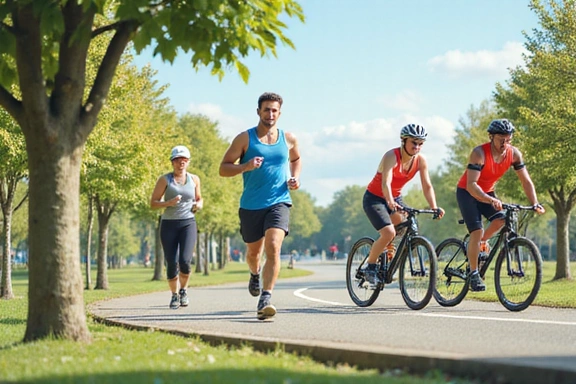 Diverse persone che praticano sport: un corridore, un sollevatore di pesi, un ciclista