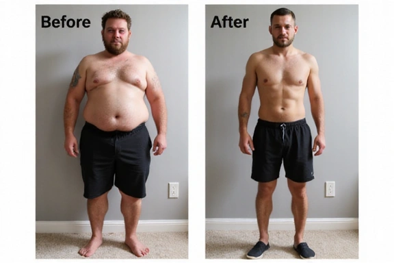 Immagine di una persona prima e dopo un percorso di dimagrimento, mostrando una significativa perdita di peso e un miglioramento della forma fisica. No testo.