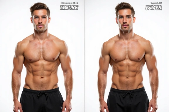Immagine di un atleta prima e dopo un percorso di nutrizione sportiva, mostrando un aumento della massa muscolare e una definizione migliorata. No testo.